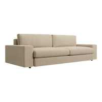 Light beige fabric sofa with a simple, modern design and clean lines, perfect for versatile living spaces.