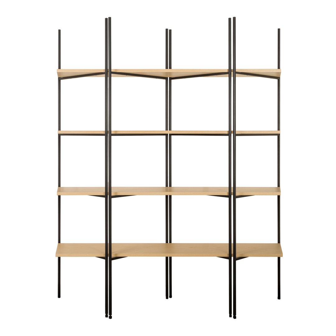 Modern shelving unit with black metal frame and light wooden shelves, featuring a sleek, minimalist design.