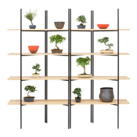 "Modern shelves with natural wood tones, black metal accents, and colorful ceramic pots in red, brown, and green."