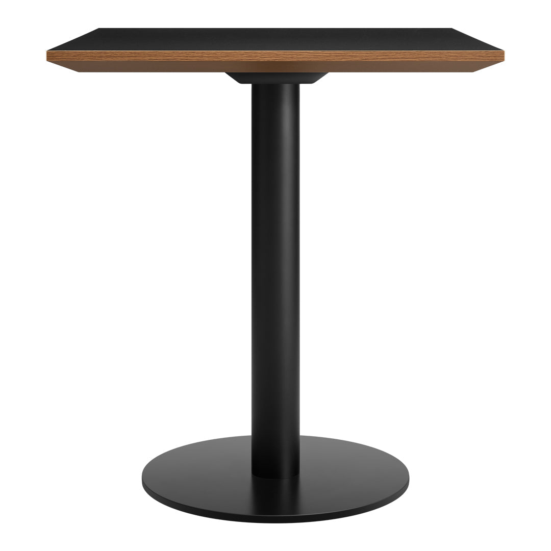 Black metal table base with a warm wood top, featuring a sleek, modern design and geometric lines.