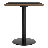 Black metal table base with a warm wood top, featuring a sleek, modern design and geometric lines.