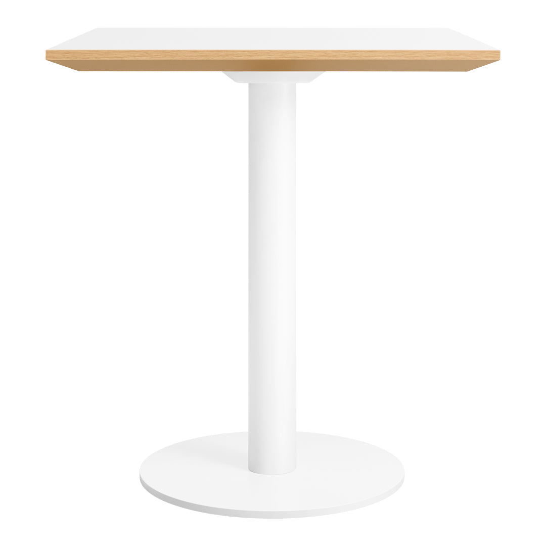 White pedestal table with a light wood top, combining modern minimalism and natural texture. Perfect for any decor.