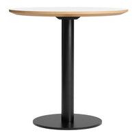 Round table with a light wood top and a sleek black metal base, ideal for modern decor.