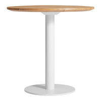 Round table with a natural wood surface and a sleek white pedestal base, offering a contemporary, minimalist design.