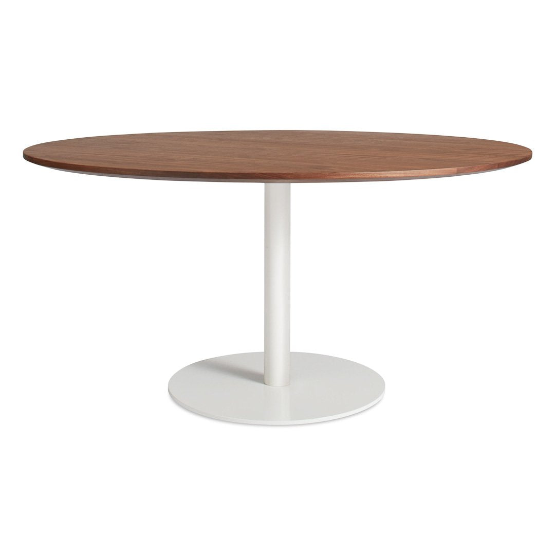 Round table with a walnut wood finish top and a sleek white base for modern home decor.