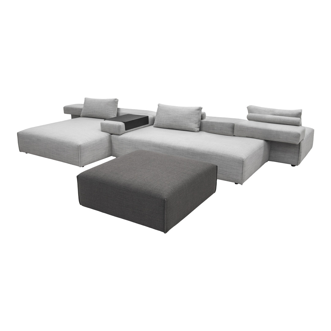 Modern modular sofa in light and dark grey with smooth fabric and minimalist design.