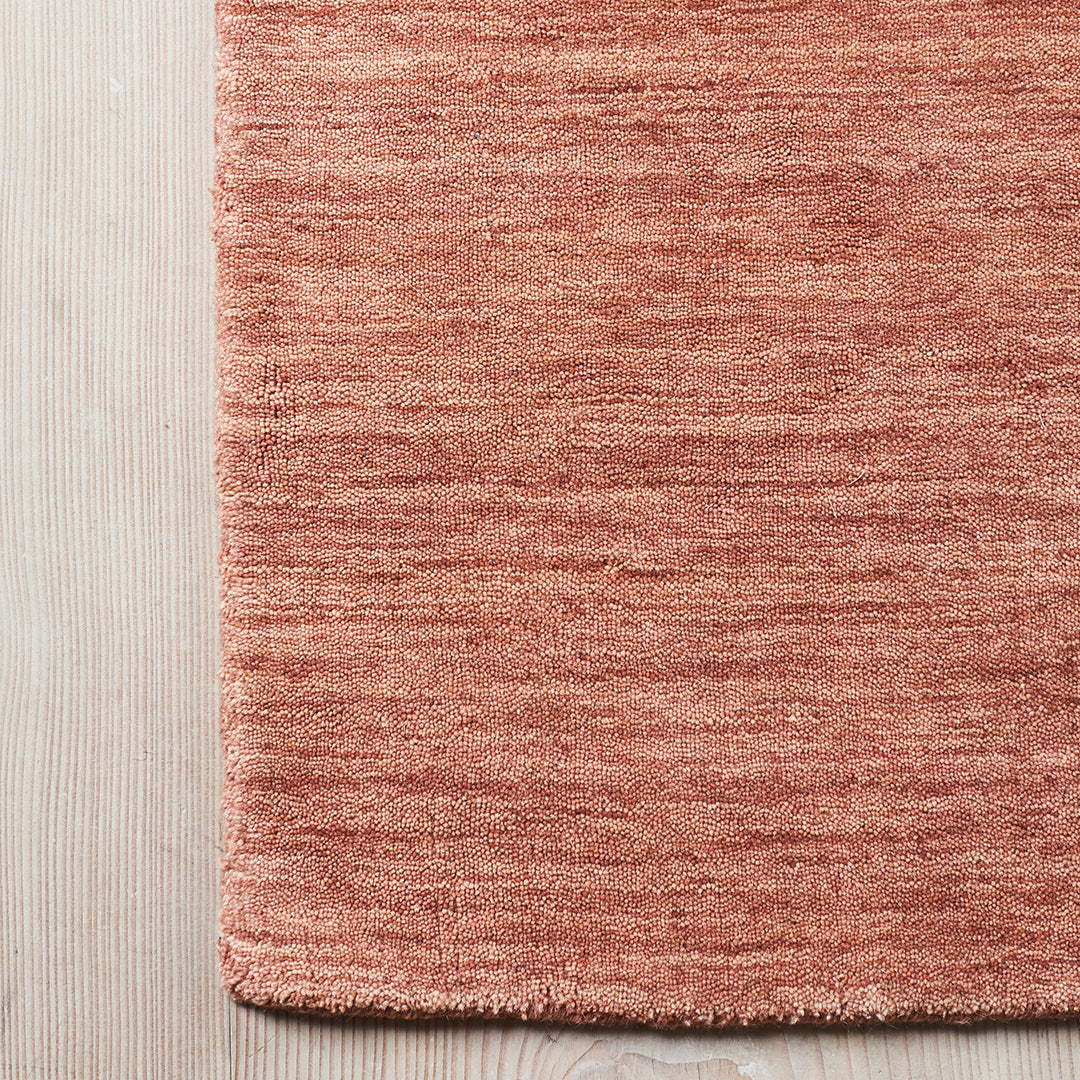 Soft, textured area rug in warm terracotta with subtle variations and a rich, muted pattern. Perfect for cozy spaces.