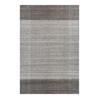 Gray area rug featuring textured stripes in varying shades of gray and taupe. Perfect for modern decor.