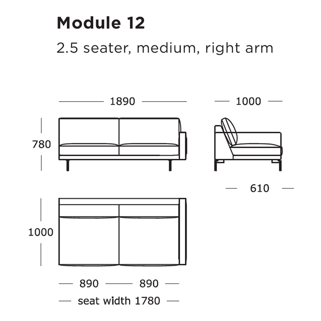 Line drawing of a modern 2.5 seater sofa, featuring a minimalist design and clean geometric lines.