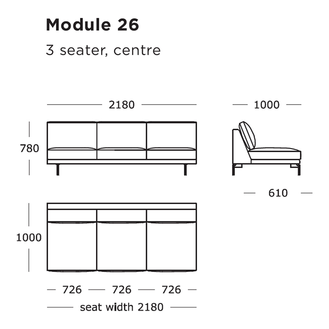 Three-seater sofa in solid color with clean lines and a contemporary design, perfect for modern living spaces.