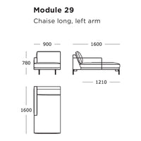 Chaise long in neutral tones with minimalistic design, featuring clean lines and a modern fabric texture.