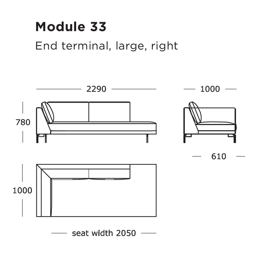 Large right end terminal sofa illustration with clean lines and minimalist design, featuring a neutral color palette.