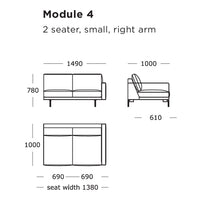 "Modern two-seater sofa in solid color with clean lines, featuring a small right arm and minimalist design."