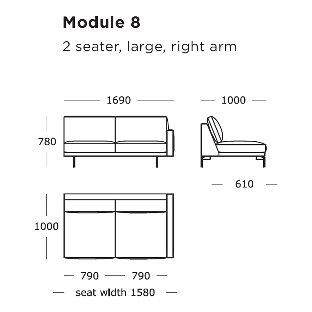 "Large, two-seater modular sofa with a sleek, minimalist design in solid color with clean lines."