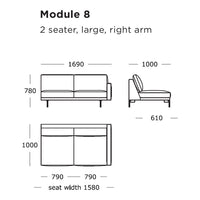 "Large, two-seater modular sofa with a sleek, minimalist design in solid color with clean lines."