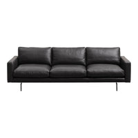 Sleek black leather sofa with smooth cushions and minimalist design, featuring a modern, clean aesthetic.