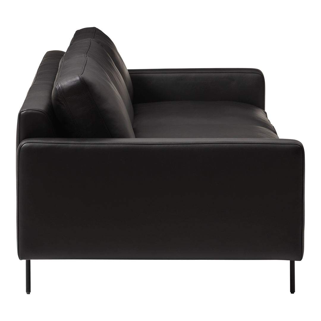 Black leather sofa with a sleek, minimalist design and clean lines, perfect for modern interiors.