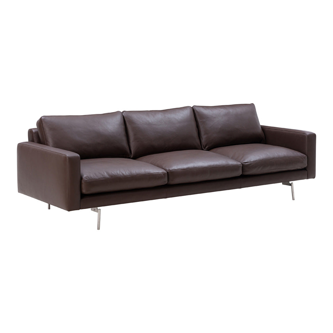 Brown leather sofa with a sleek, modern design and three upholstered cushions. Perfect for contemporary living spaces.