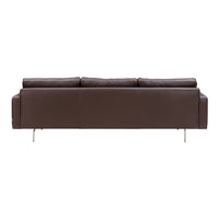 Brown leather sofa with sleek, minimalist design and smooth texture, featuring a modern style and polished silver legs.