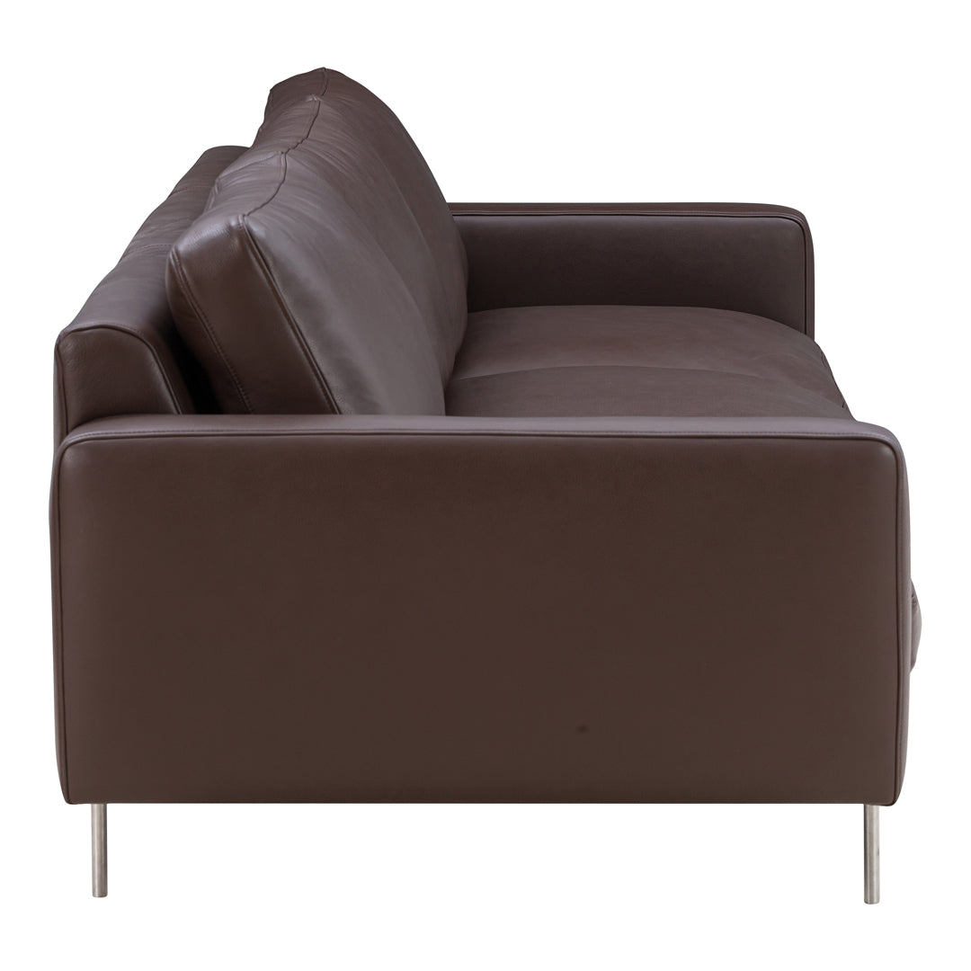 Brown leather sofa with a sleek design and plush seating, featuring subtle stitching and a minimalist style.