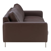 Brown leather sofa with a sleek design and plush seating, featuring subtle stitching and a minimalist style.