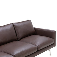 Brown leather sofa with smooth, modern design and plush cushions, perfect for contemporary living spaces.