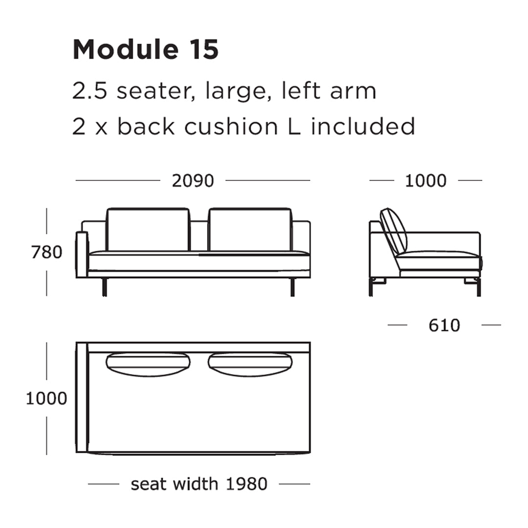 Minimalist sofa design with a sleek left arm, featuring neutral upholstery and subtle geometric patterns.