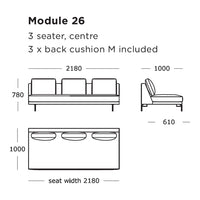 Modern 3-seater sofa sketch in neutral tones, featuring clean lines and minimalist design. Dimensions included.