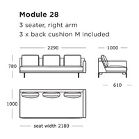 Illustration of a modern 3-seater sofa with a right arm, featuring a sleek design and minimalistic lines.