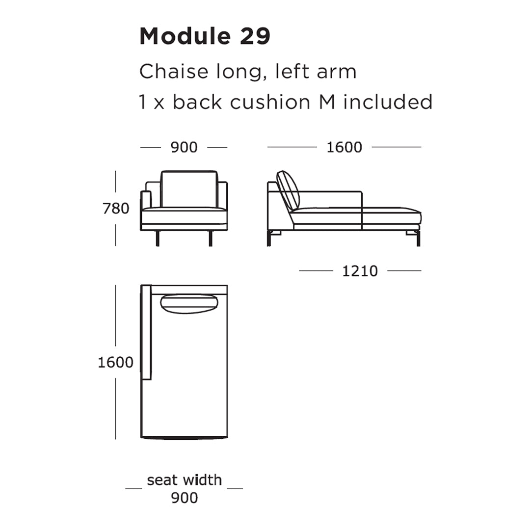 "Diagram of Module 29 chaise long in sleek gray with clean lines and minimalistic design."