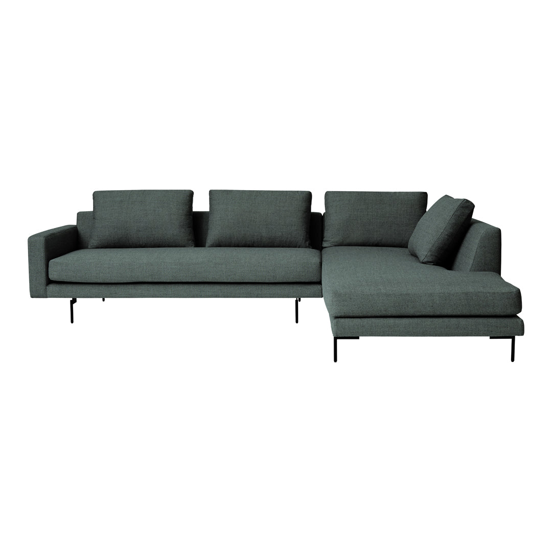 "Modern gray sectional sofa with clean lines and minimalistic design, featuring a textured fabric and black metal legs."