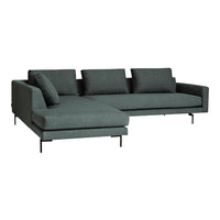 Modern sectional sofa in dark gray fabric with clean lines and minimalist black metal legs.