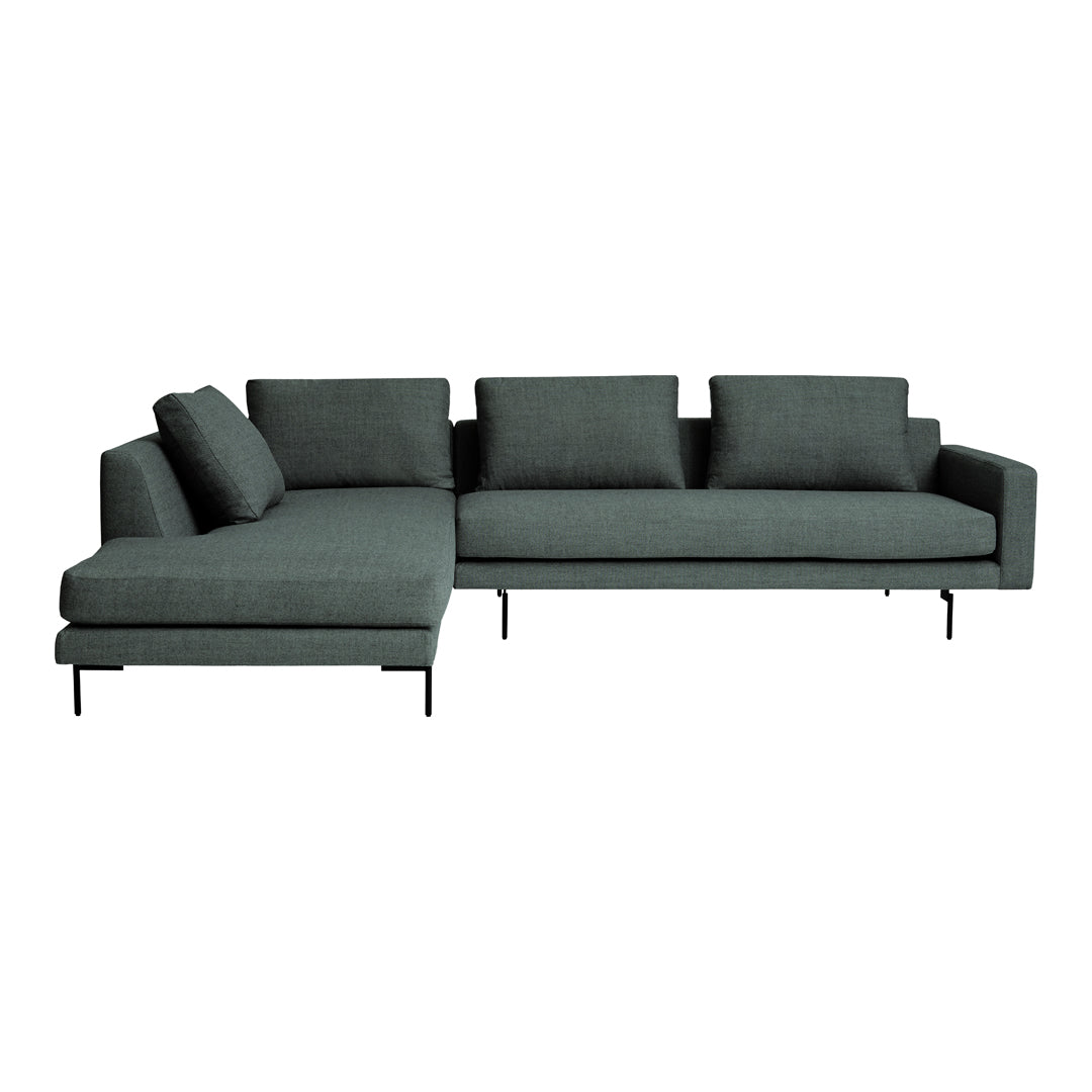 Modern dark green sectional sofa with smooth, textured fabric and sleek black metal legs.