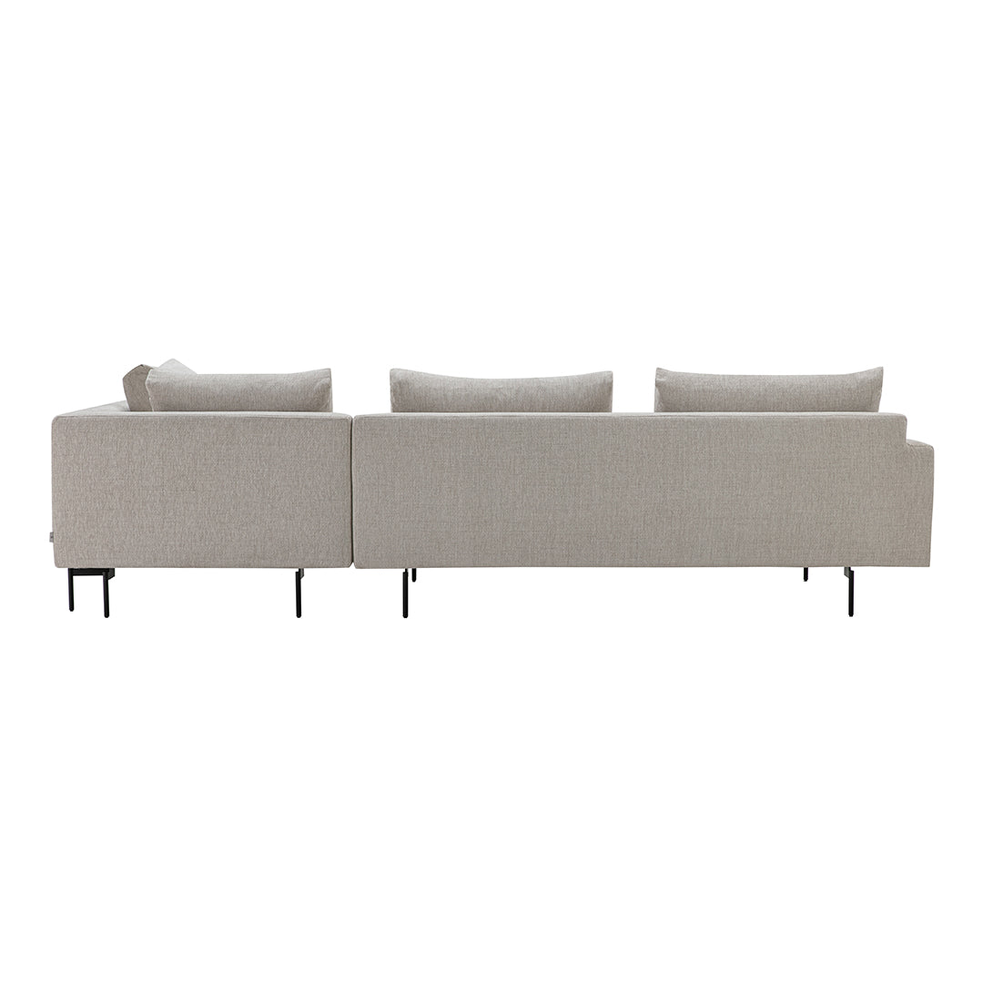 Beige fabric sofa with a smooth texture and minimalist design, featuring clean lines and black metal legs.