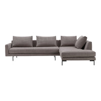 Modern grey sectional sofa with a textured fabric, featuring clean lines and plush cushions for a stylish look.