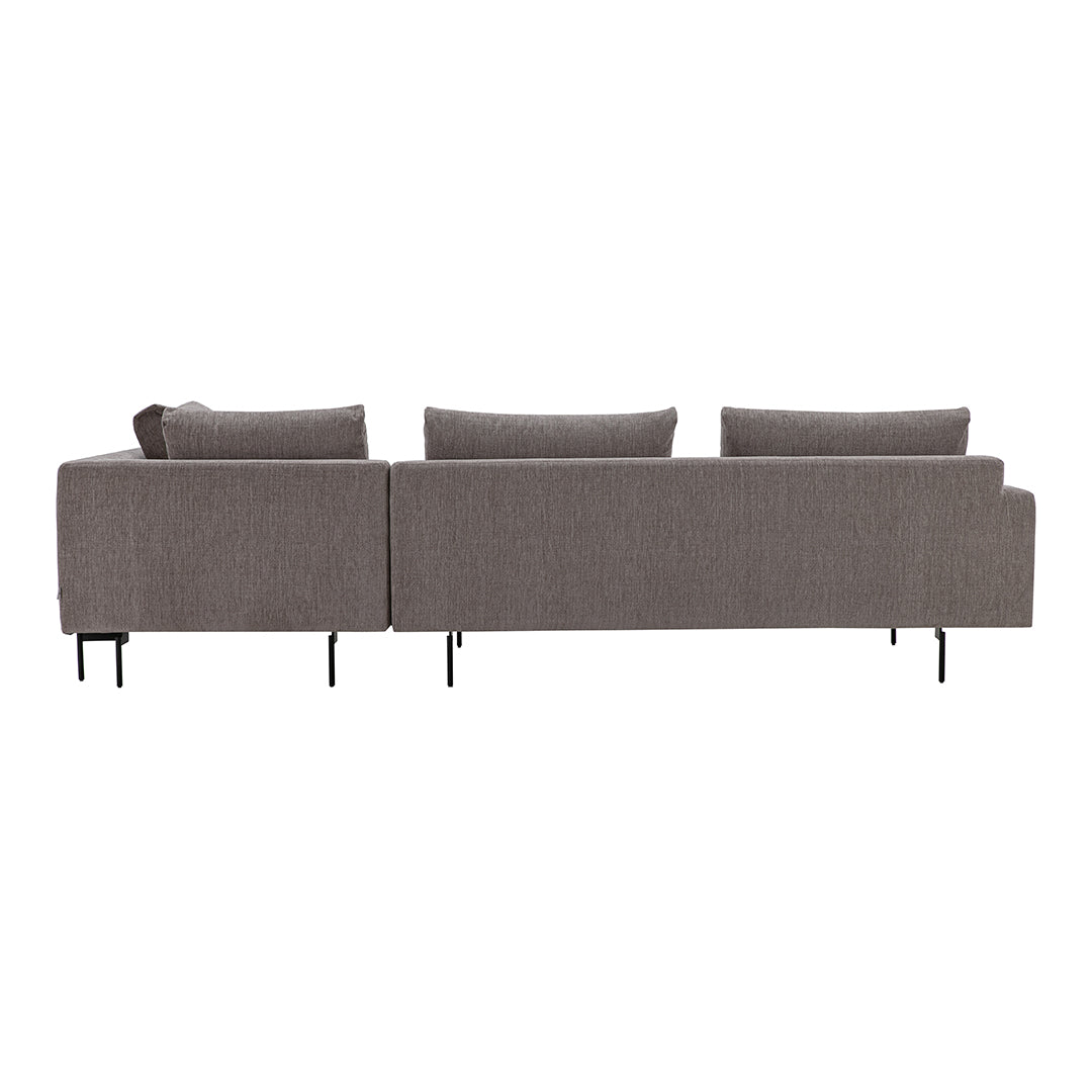 Gray upholstered sofa with a sleek design and subtle textured pattern on a modern metal frame.