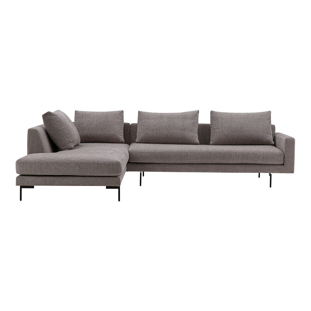Stylish grey sectional sofa with smooth fabric and sleek black metal legs, perfect for modern living rooms.