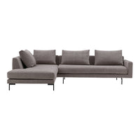 Stylish grey sectional sofa with smooth fabric and sleek black metal legs, perfect for modern living rooms.