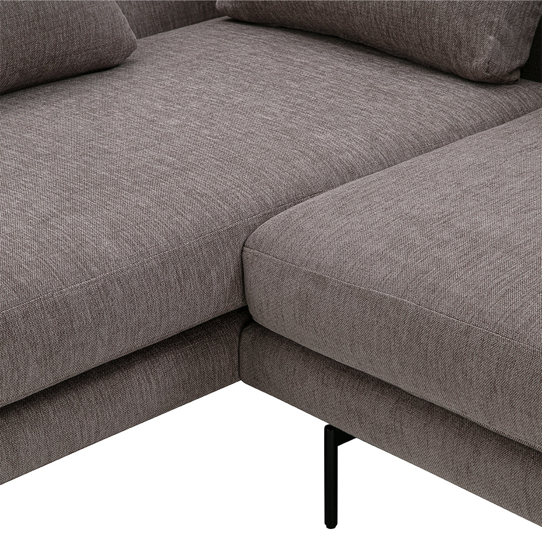 Gray fabric corner sofa with a subtle woven pattern and sleek black legs for a modern look.