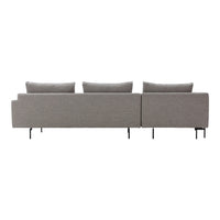 Gray upholstered sofa with clean lines and three plush back cushions, featuring a modern, minimalist design.