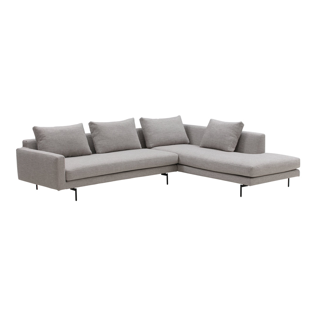 Gray sectional sofa with minimalist design and plush cushions, featuring subtle texture and modern metallic legs.