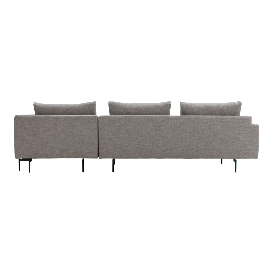 Gray three-seater sofa with subtle texture and minimalistic design, featuring black metal legs.