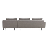 Gray three-seater sofa with subtle texture and minimalistic design, featuring black metal legs.