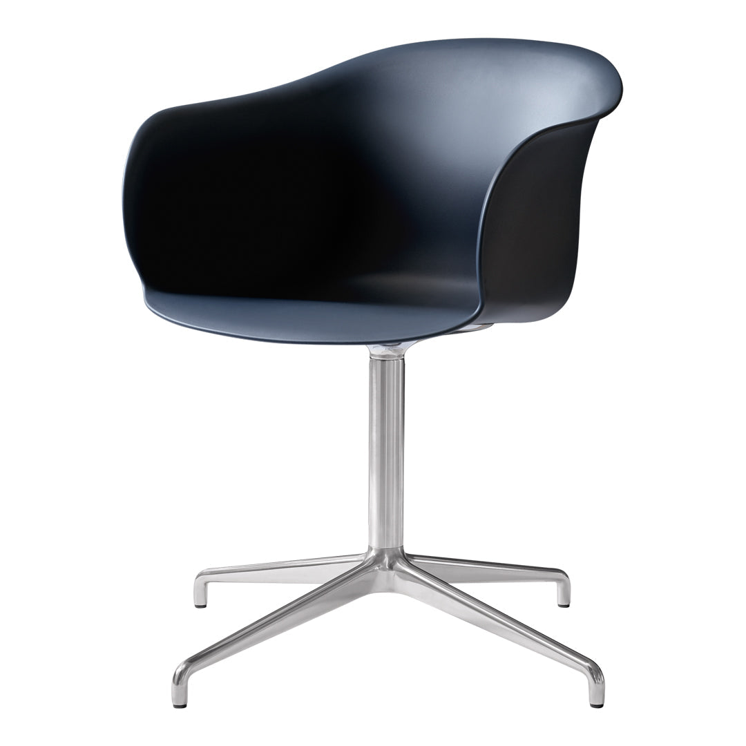 Modern black chair with smooth curves and metallic silver base, showcasing a sleek, minimalist design.