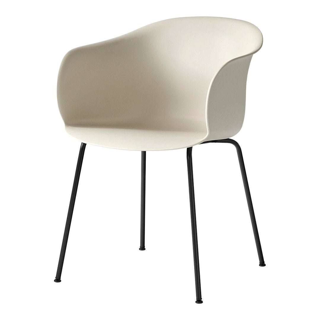 White curved chair with black metal legs, featuring a smooth surface for a modern and minimalist aesthetic.