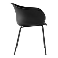 Black modern chair with smooth curves and minimalist design, featuring a sleek metal frame and no visible patterns.