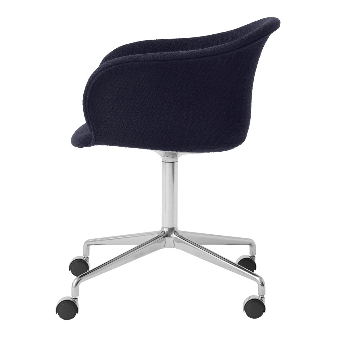 Navy blue upholstered chair with a sleek silver base and smooth wheels, designed for modern office aesthetics.