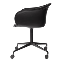 Black upholstered chair with smooth curved design and a matte black base on rolling wheels.