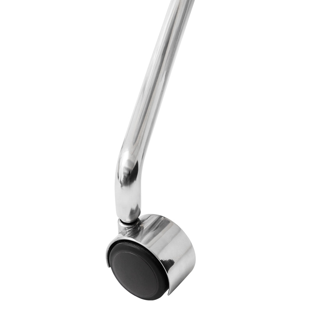 Silver metal chair leg with a black rubber caster wheel, featuring a sleek and modern design.