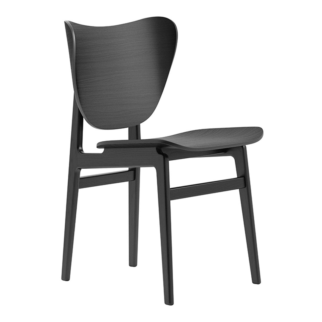 Black wooden chair with a minimalist design, featuring smooth finishes and a contemporary shape.